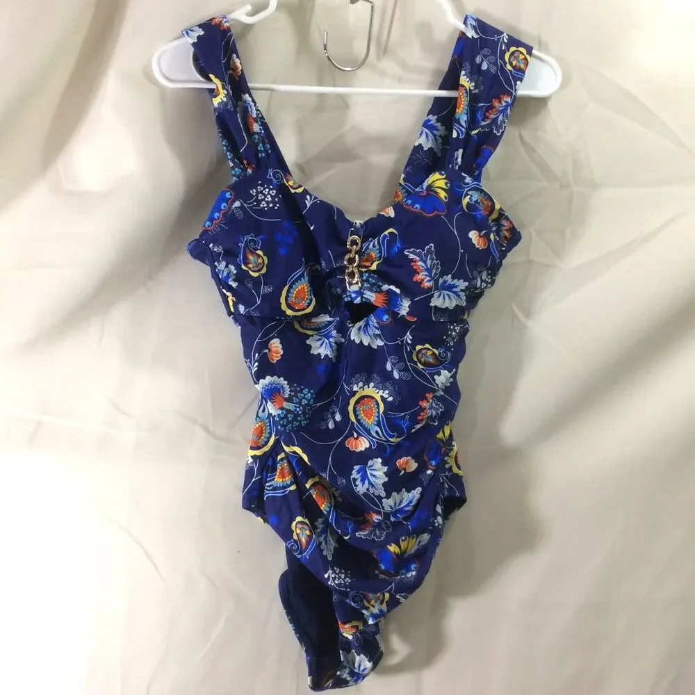 NEW Eomenie Floral One Piece Swimsuit Navy Blue Ruched Gold Detail Size Medium
